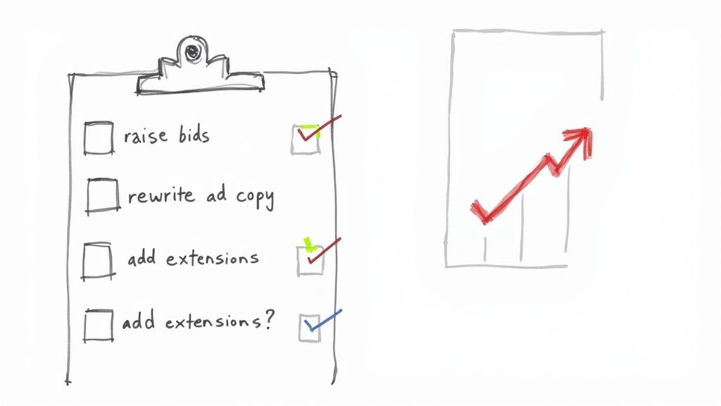 A hand-drawn clipboard checklist showing completed marketing tasks, beside a graph illustrating positive growth.