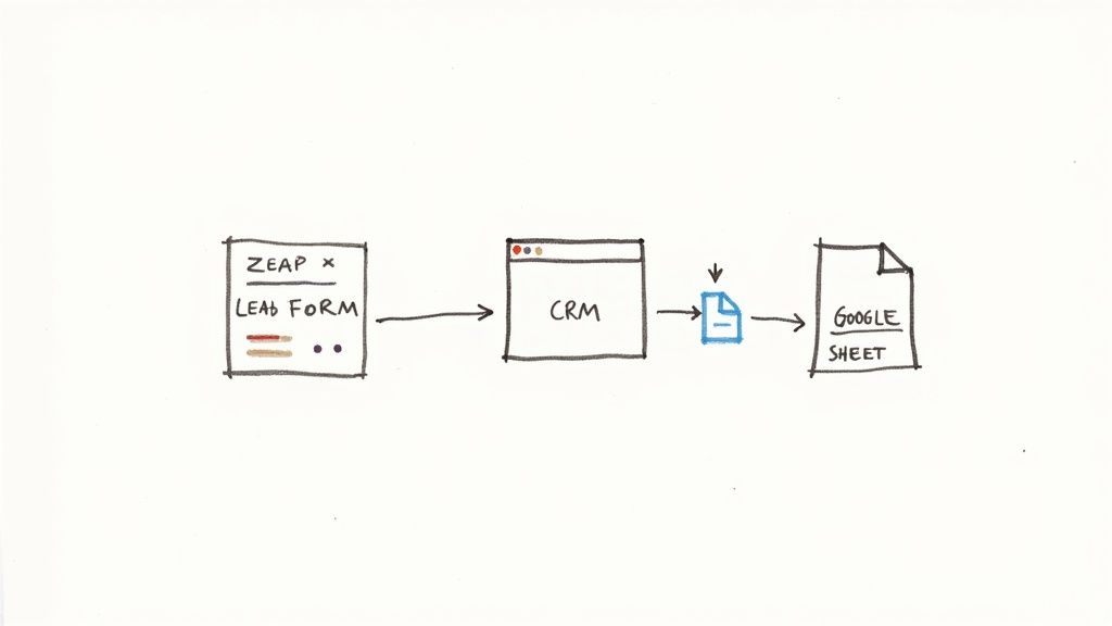 Hand-drawn diagram illustrating a data workflow: Zeap lead form to CRM to Google Sheet.