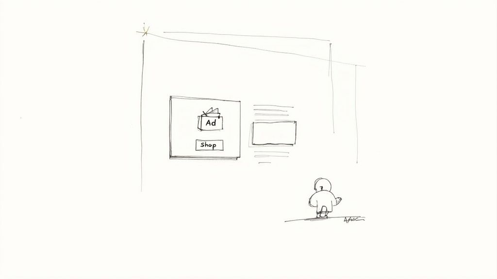 Hand-drawn sketch of a webpage layout featuring an ad with a shop button, viewed by a small figure.