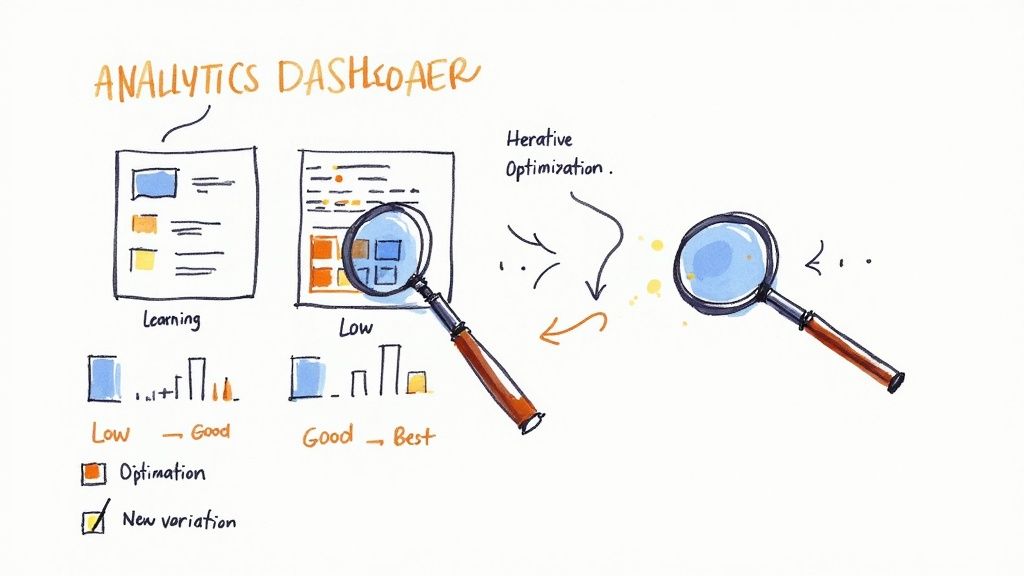 Hand-drawn illustration of analytics dashboards showing learning, low performance, and iterative optimization.