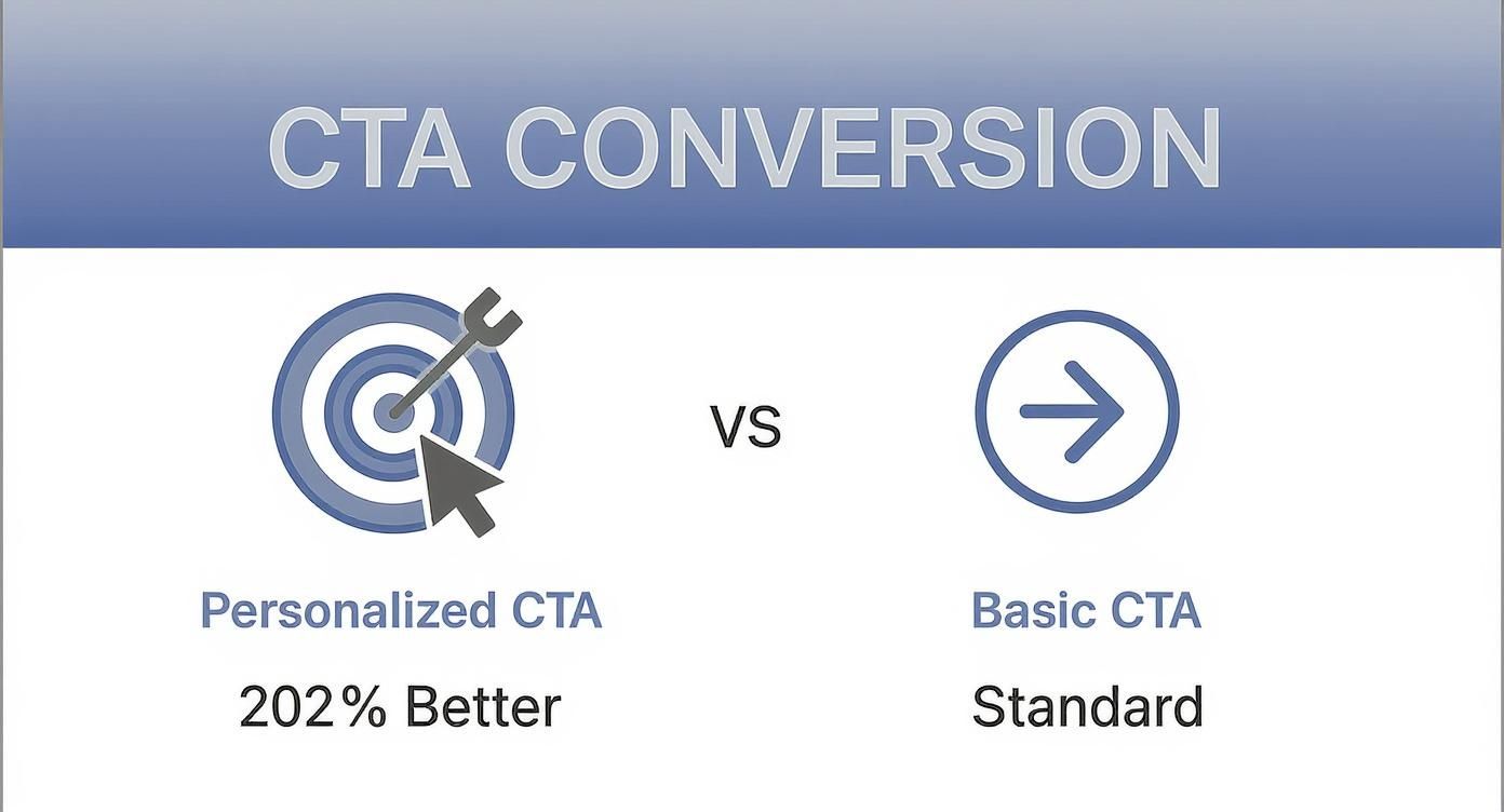 An infographic comparing personalized CTA to basic CTA, showing personalized CTA is 202% better for conversion.