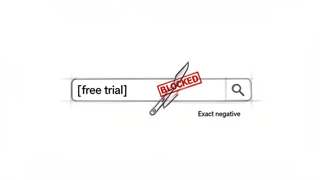 A search bar with '[free trial]' blocked by a 'BLOCKED' stamp, illustrating exact negative keywords.