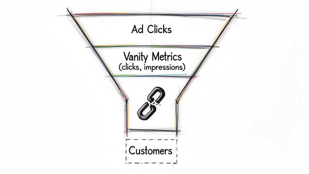 Marketing funnel with ad clicks and vanity metrics, showing a broken link before customers.
