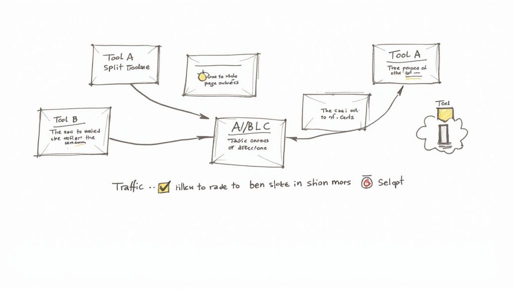 Hand-drawn workflow diagram illustrating a system for A/B testing with multiple tools and traffic routing.