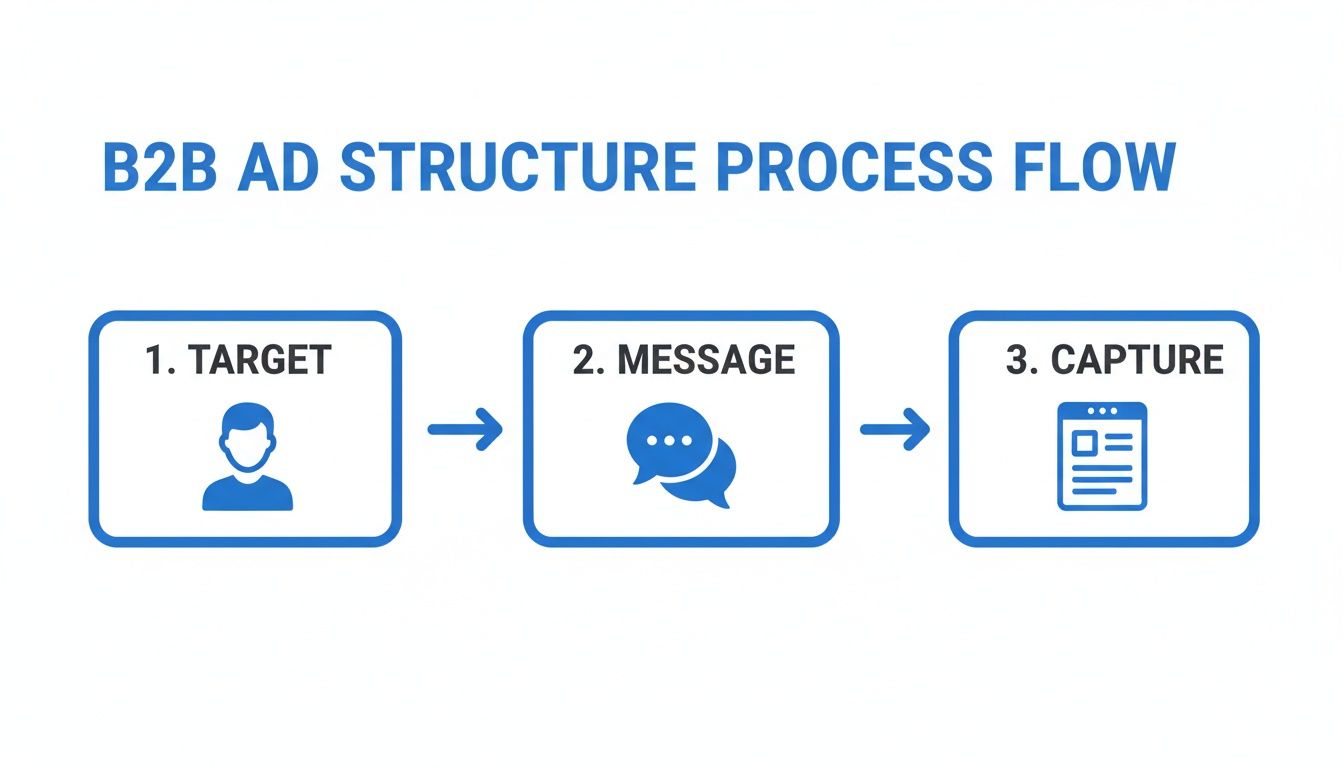 Flowchart illustrating the B2B ad structure process: Target, Message, and Capture, with corresponding icons.