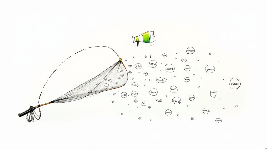 Illustration of a fishing net attempting to catch word bubbles like 'free,' 'watch,' and 'value,' emitted by a megaphone.