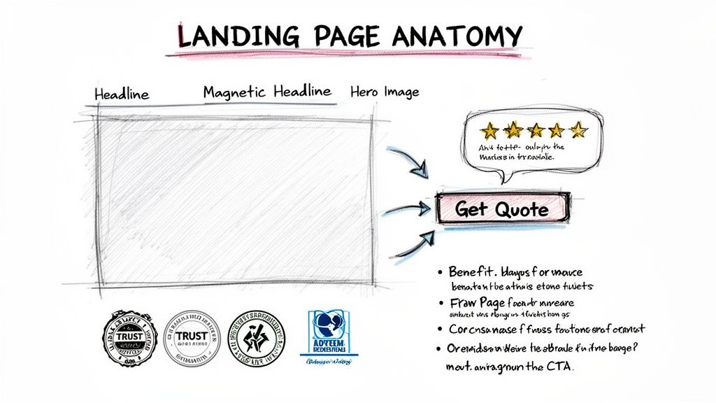 Hand-drawn sketch illustrating the anatomy of a landing page, detailing sections like headline, hero image, CTA, and trust badges.