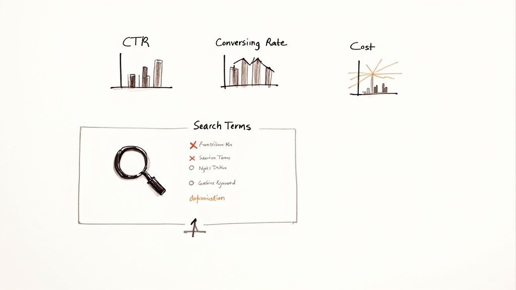 A person pointing at a screen showing a digital marketing performance dashboard with charts and graphs.