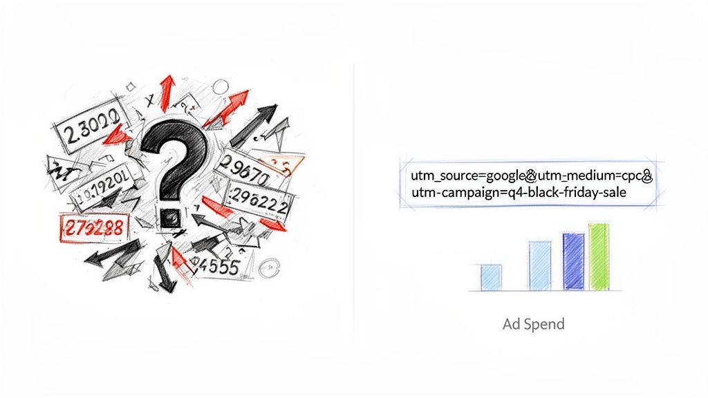 An illustration comparing complex data analytics with a question mark to clear UTM tracking and ad spend metrics.