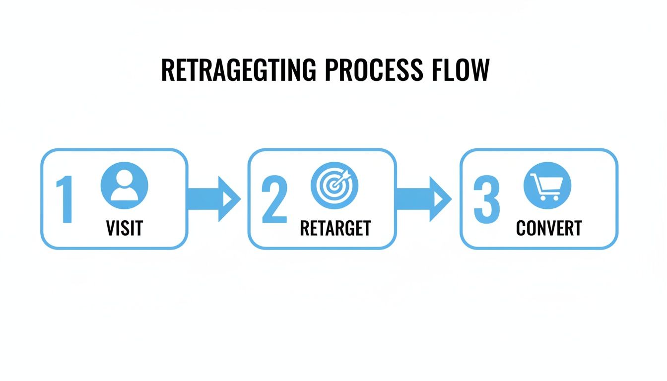 A three-step retargeting process flow diagram showing visit, retarget, and convert.
