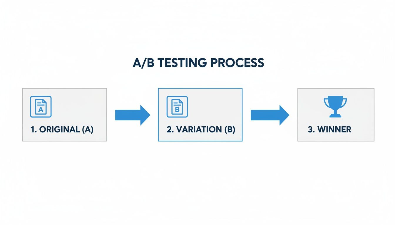 A/B testing process flowchart showing comparison between original (A) and variation (B) to find a winner.