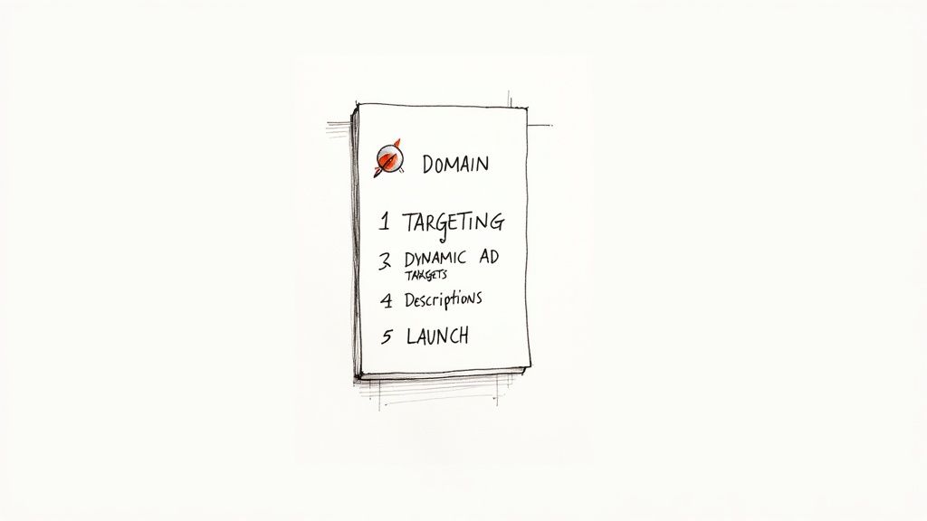A hand-drawn list titled 'DOMAIN' with steps including targeting, dynamic ad targets, and launch.