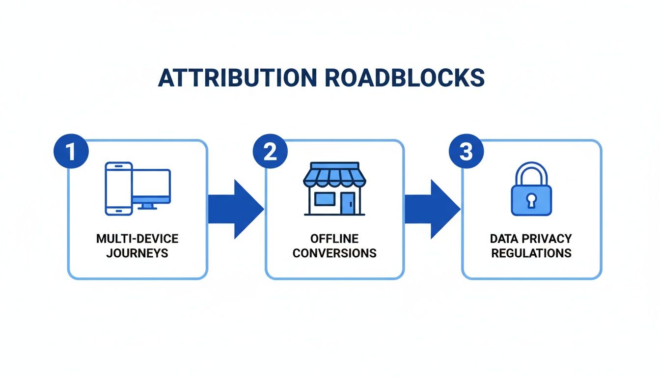 Flowchart detailing three attribution roadblocks: multi-device journeys, offline conversions, and data privacy regulations.