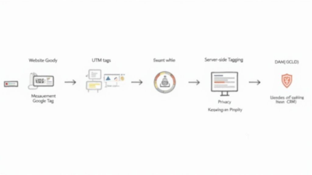 A flow diagram illustrating website measurement, UTM tags, server-side tagging, privacy, and CRM data integration.