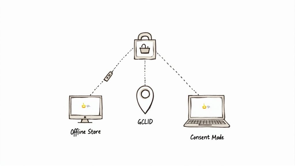 Illustration of cross-channel attribution connecting offline stores, GCLID, and consent mode to a central shopping bag.