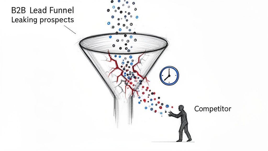 Illustration of a cracked B2B lead funnel leaking prospects to a competitor over time.