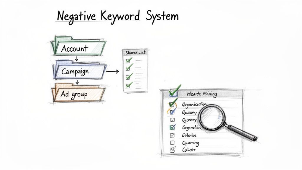 Diagram illustrating a negative keyword system workflow, from account to campaign and ad group, with shared lists.