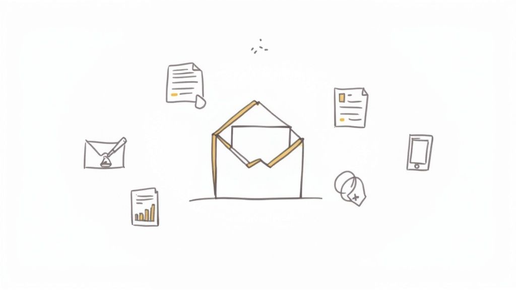 A simple drawing of an open envelope surrounded by various communication and document icons on a white background.