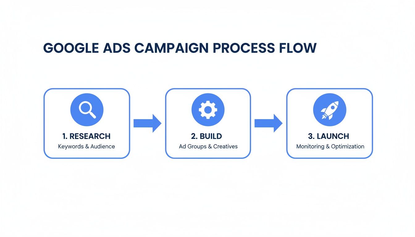 A clear infographic illustrating the 3-step Google Ads campaign process: Research, Build, and Launch.