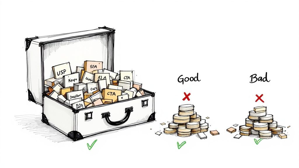 An open suitcase overflowing with numerous labeled blocks representing diverse ad assets for better performance.