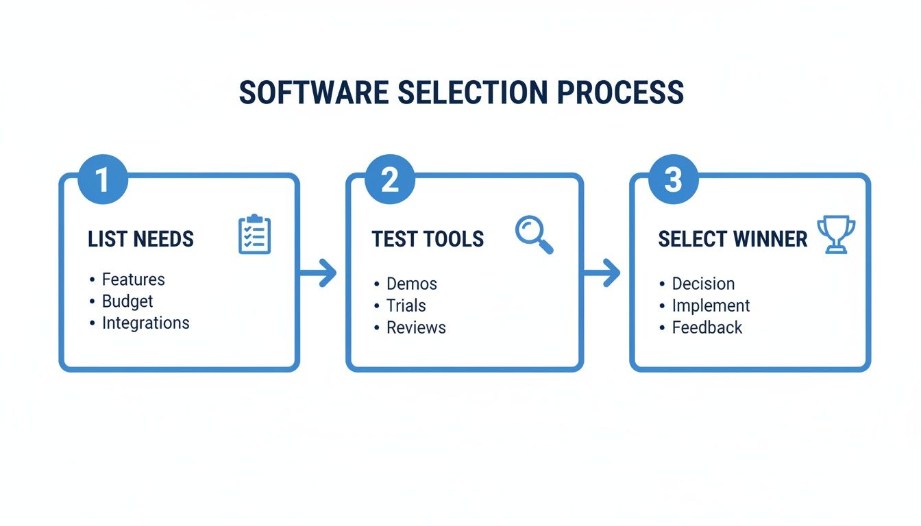 An infographic detailing a three-step software selection process, covering needs, tools, and final decision.