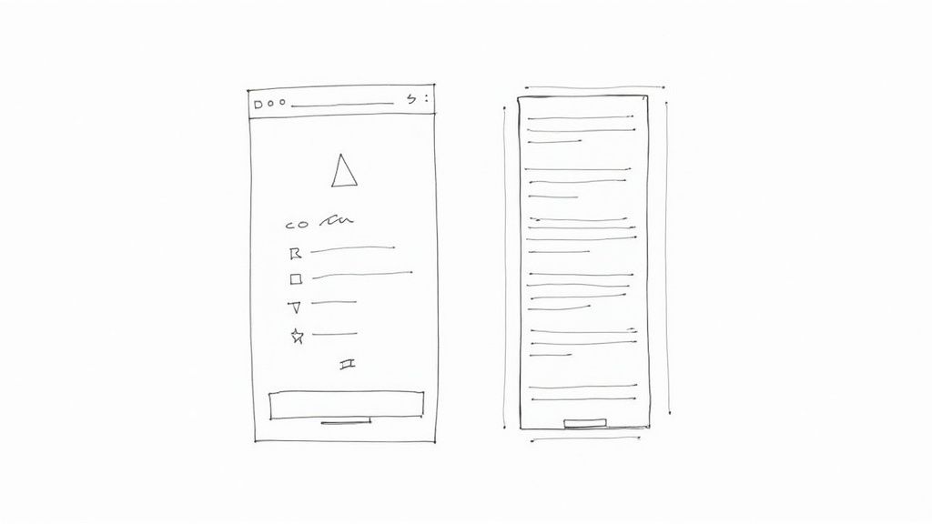 Wireframe sketches of mobile app interface showing navigation menu and content list layout