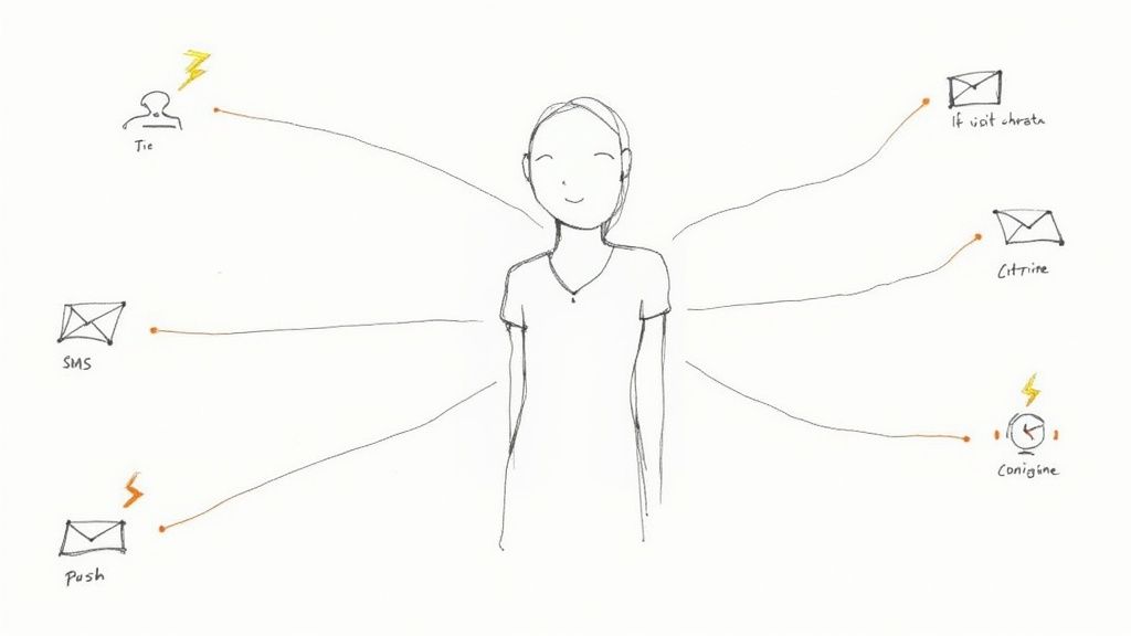 Hand-drawn diagram showing a person receiving various digital communication channels and alerts.