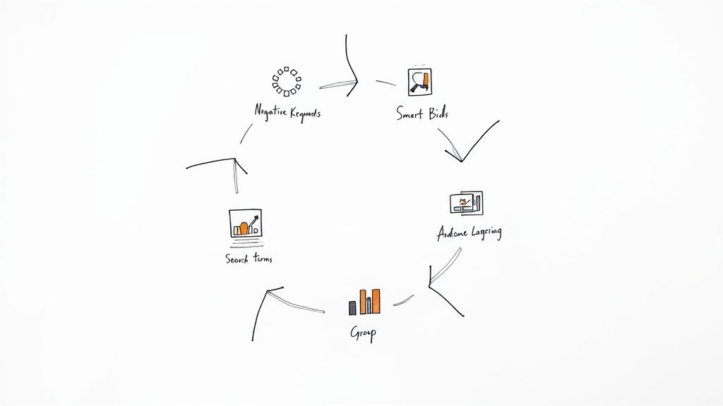 A hand-drawn diagram illustrating a circular process for digital advertising, including negative keywords, smart bids, audience logging, groups, and search terms.