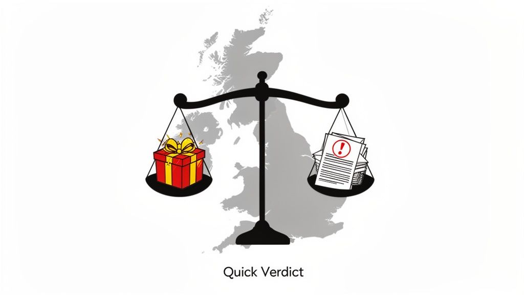 A legal scale in front of the UK map, comparing a gift box with warning documents.