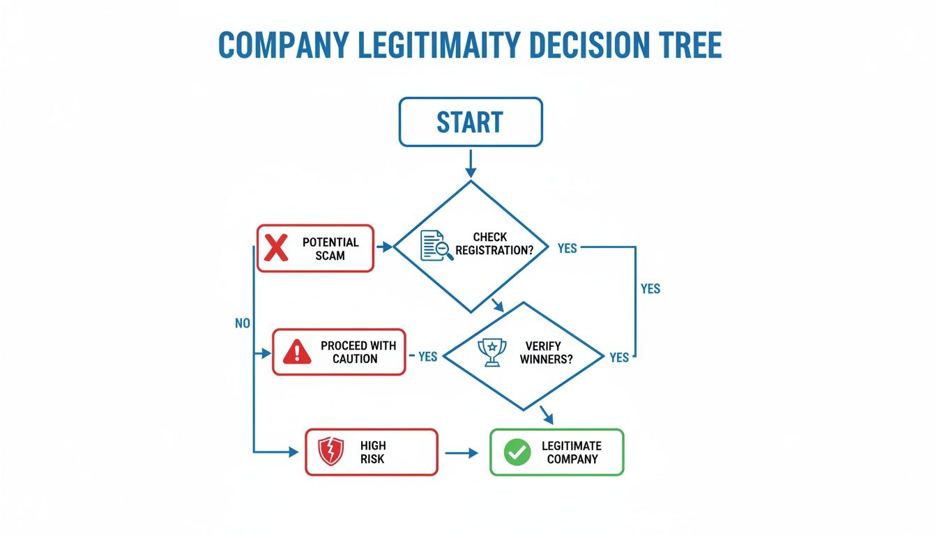 Flowchart depicting a company legitimacy decision tree with steps to check registration and verify winners.