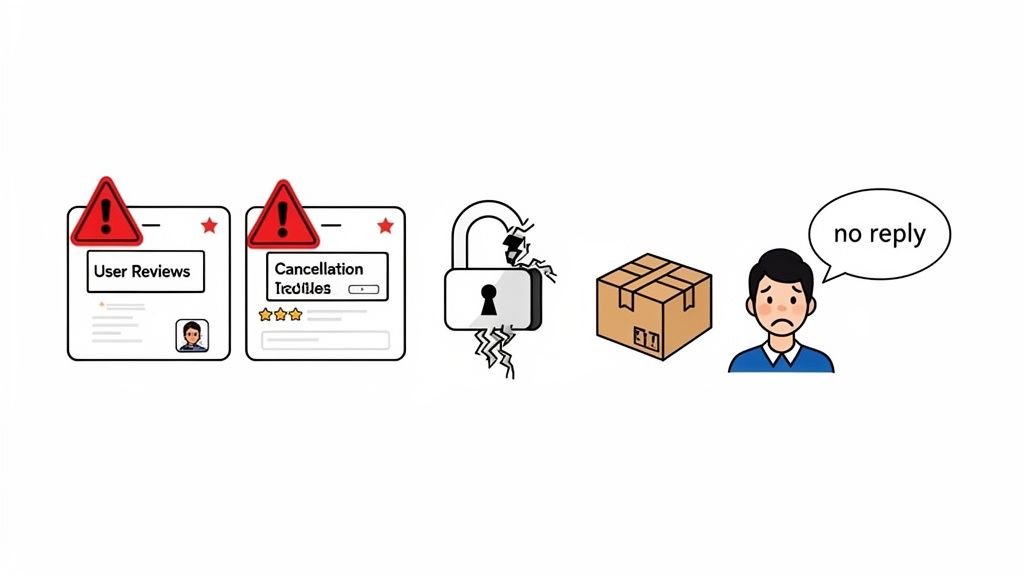 Illustration of various customer service issues: bad user reviews, cancellation problems, broken security, a package, and a sad man with 'no reply'.