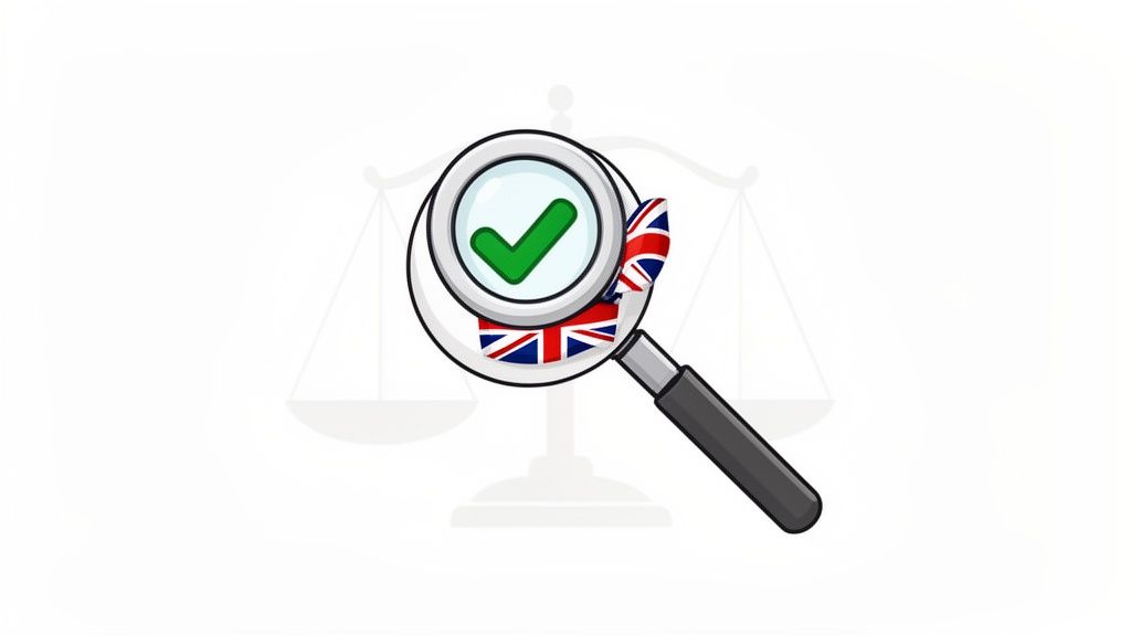 A magnifying glass with a green checkmark over a UK flag, with justice scales in the background.