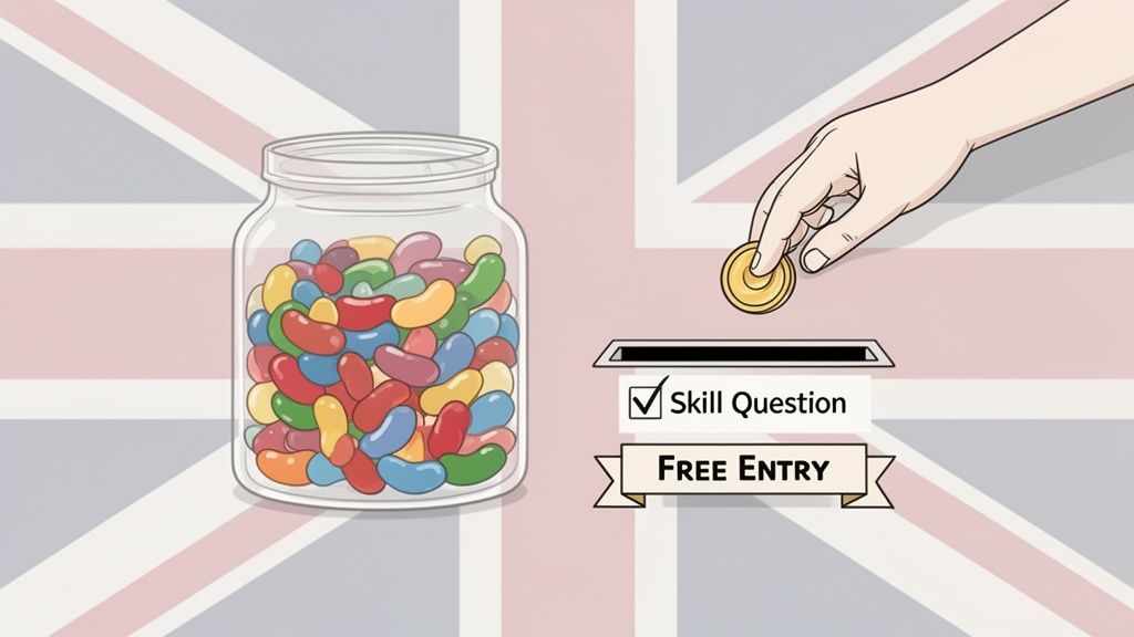 A hand drops a coin into a 'Skill Question, Free Entry' slot beside a jelly bean jar, on a UK flag.