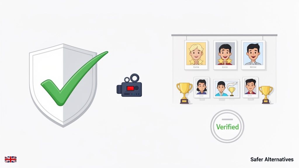A shield with a green checkmark, a video camera, and verified user profiles with trophies and awards.