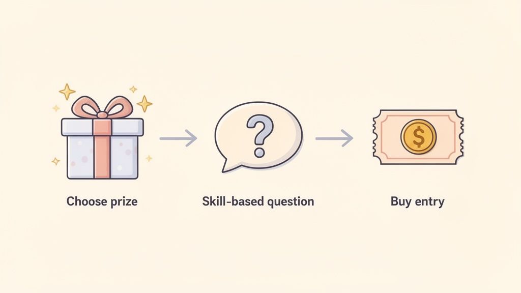 A diagram illustrates three steps: choosing a prize, answering a skill-based question, then buying an entry.