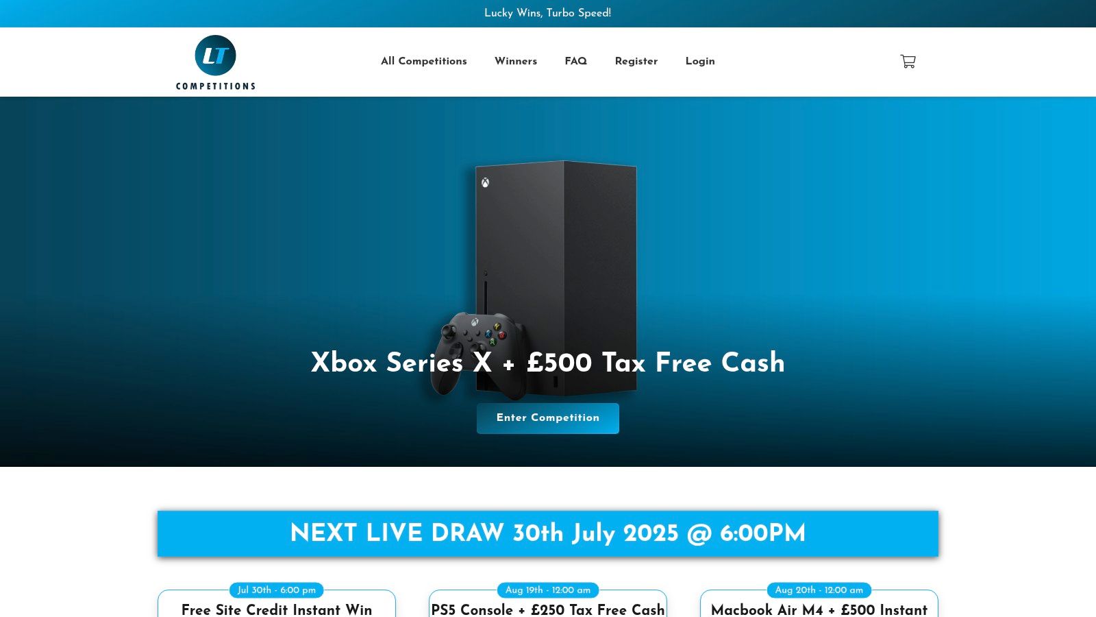 Lucky Turbo Competitions homepage showcasing various tech and cash prizes
