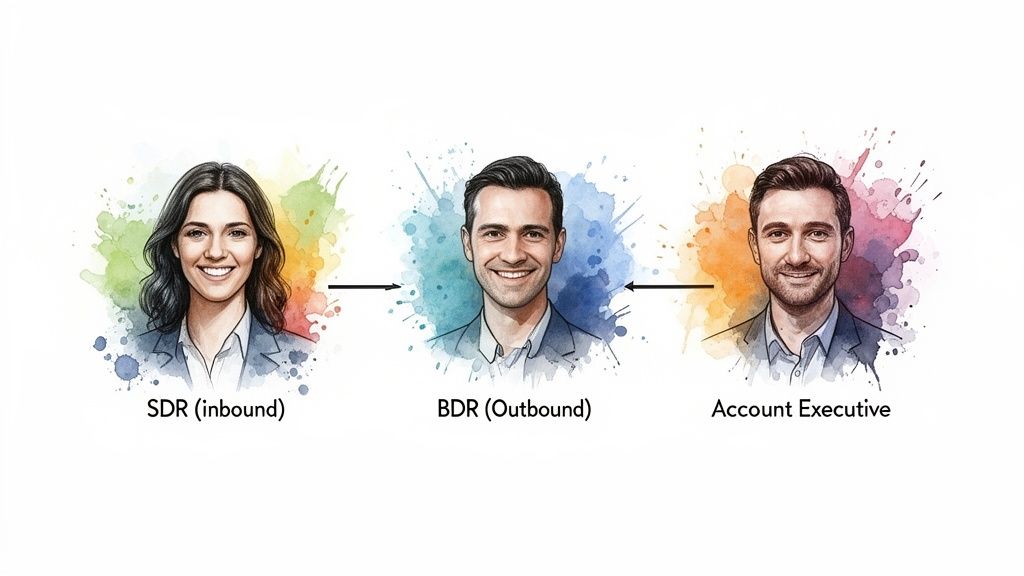 Flux de travail de l'équipe de vente montrant les rôles de SDR (inbound), BDR (outbound) et Account Executive.