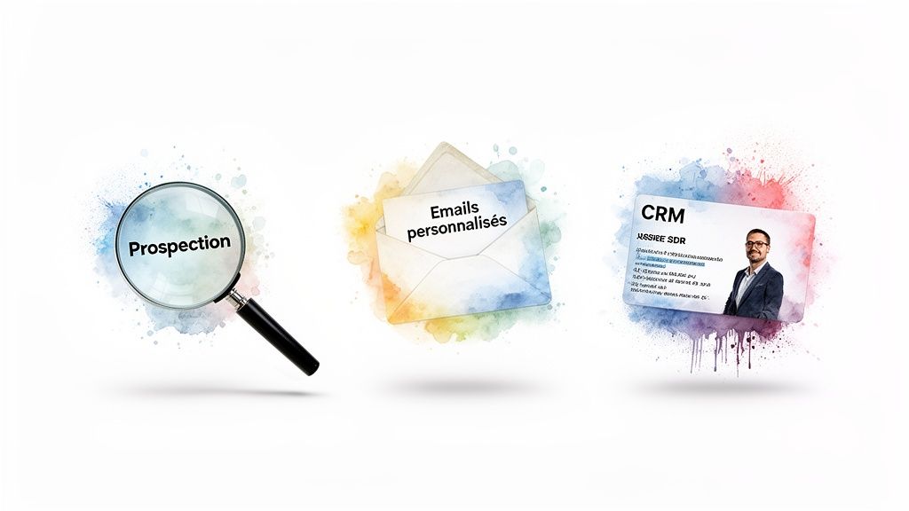 Illustration des étapes de développement commercial: prospection avec loupe, emails personnalisés dans une enveloppe, et carte CRM.