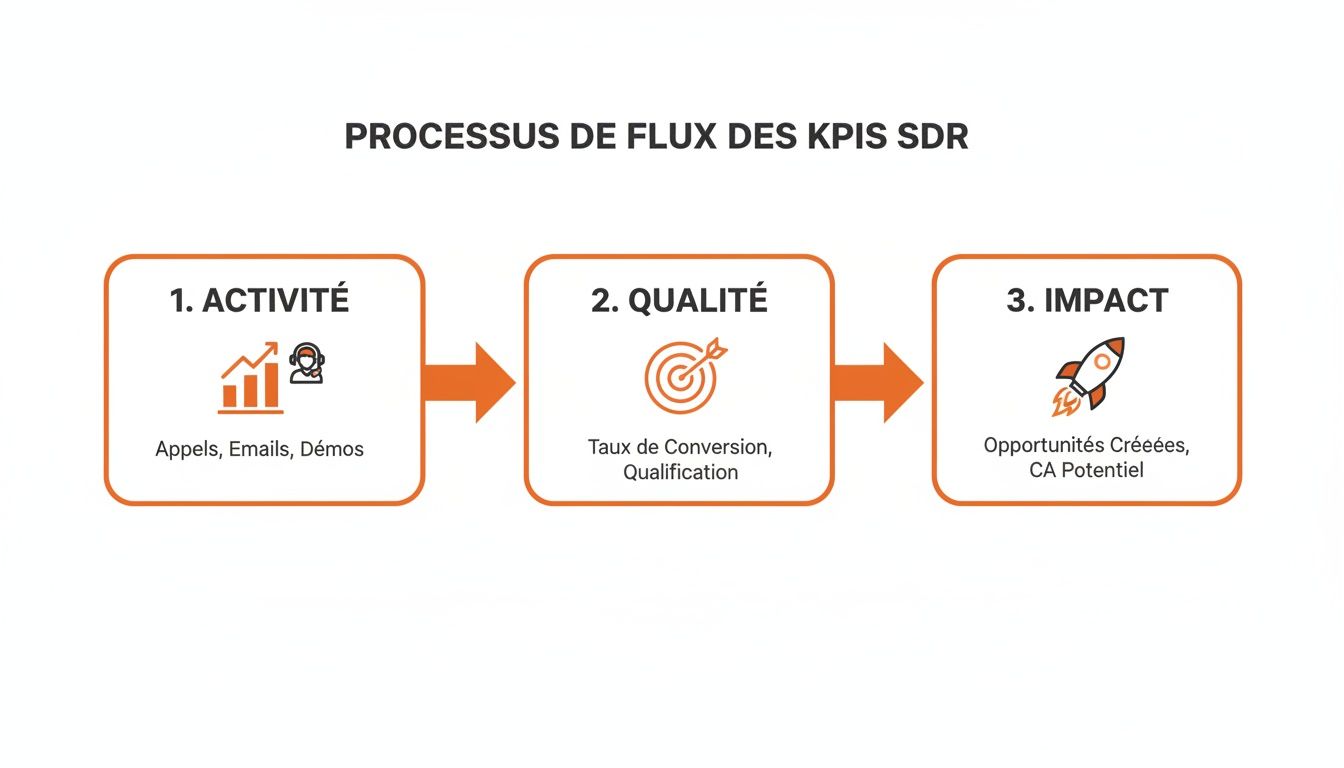 Graphique décrivant le processus de flux des KPI SDR: Activité, Qualité et Impact sur les ventes.