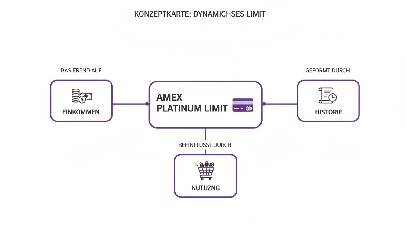 Konzeptkarte zeigt das dynamische Amex Platinum Limit, basierend auf Einkommen, beeinflusst durch Nutzung und geformt durch Historie.