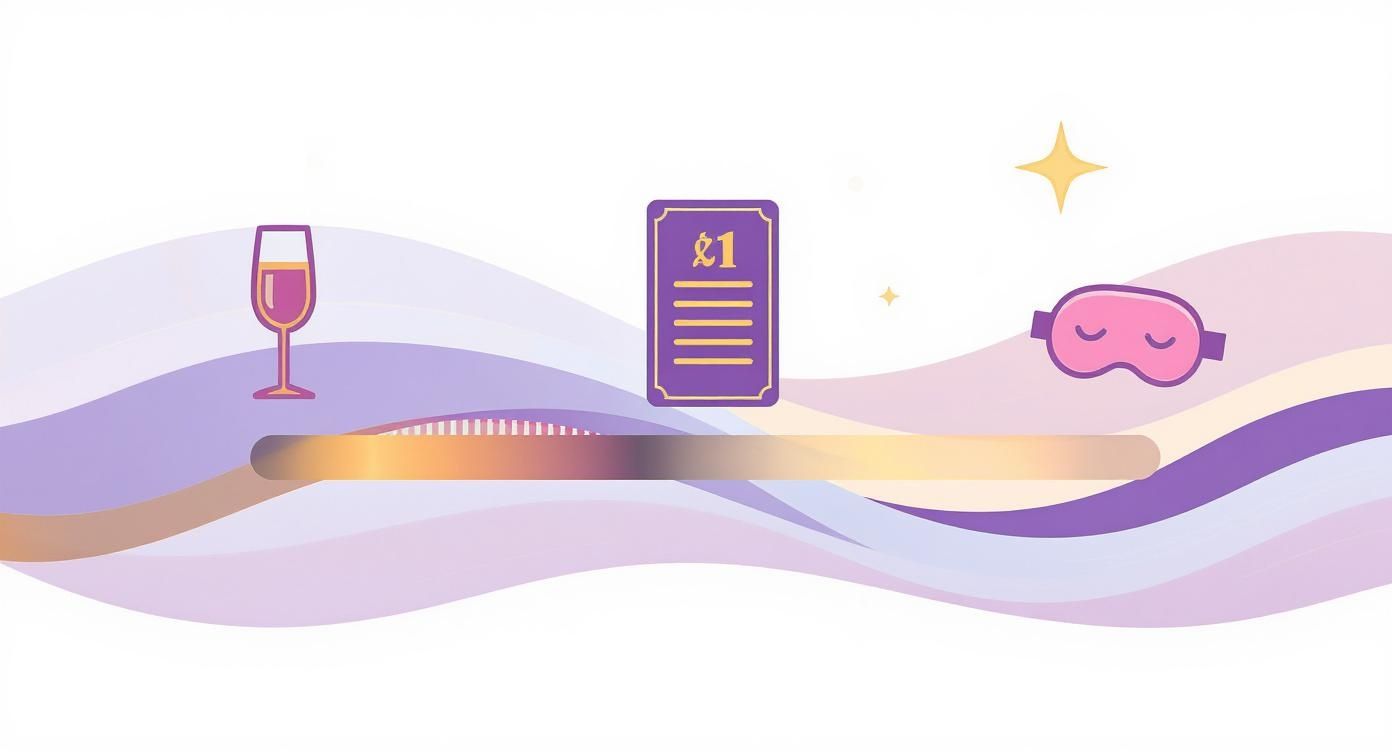Fortschrittsbalken mit Weinglas, £1-Dokument, Schlafmaske und Sternen auf lila Hintergrund.