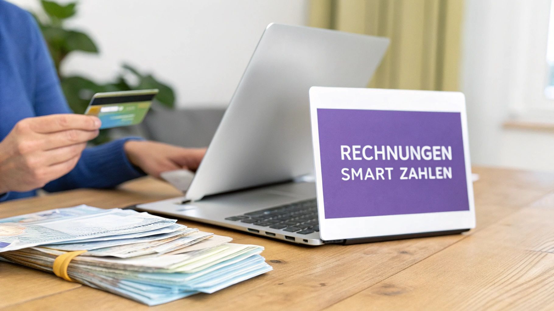 Eine Person zahlt Rechnungen online mit Kreditkarte am Laptop, daneben ein Tablet und Geldscheine.