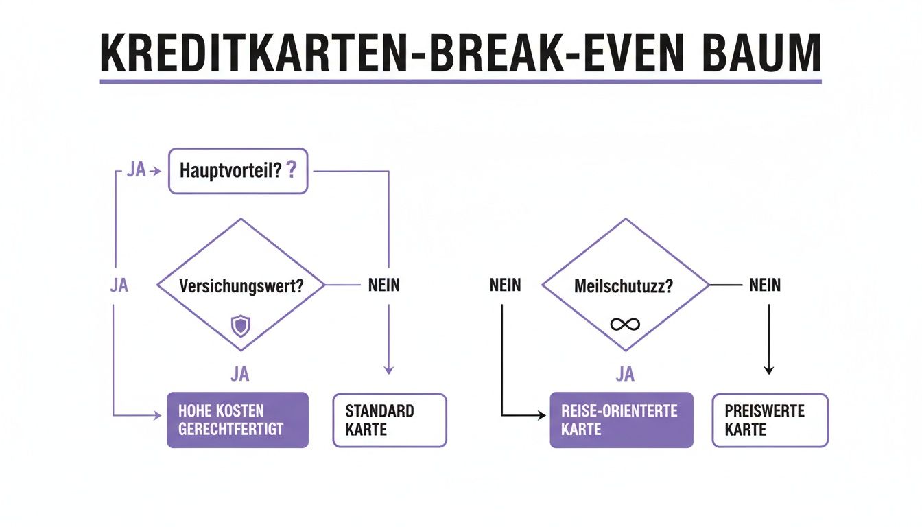 Flussdiagramm zur Auswahl der richtigen Kreditkarte basierend auf Hauptvorteilen, Versicherungswert und Meilenschutz.
