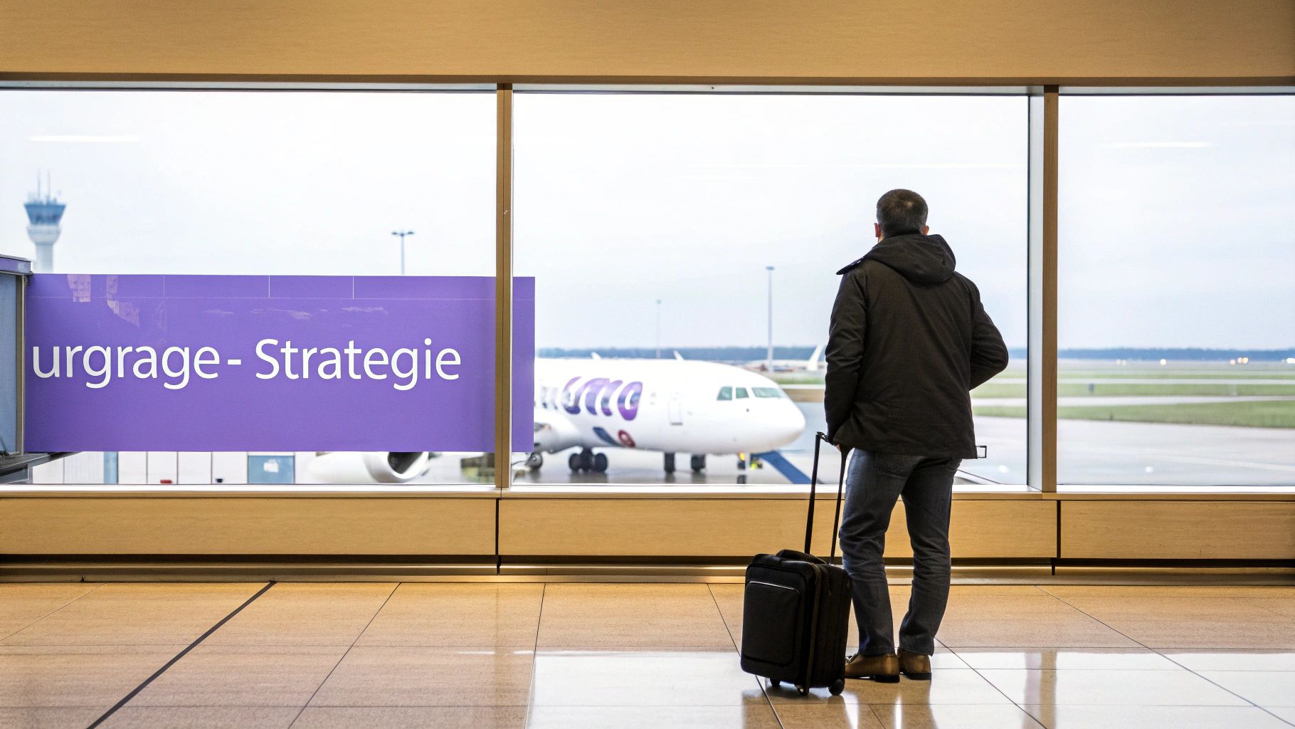 Mann mit Koffer blickt aus Flughafenfenster auf Flugzeug und Anzeigetafel mit 'urgrage- Strategie'.