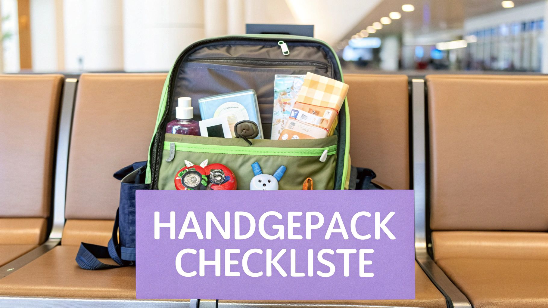 Ein Kind sitzt in einem Flugzeug und schaut aus dem Fenster, im Vordergrund sein kleiner Rucksack.