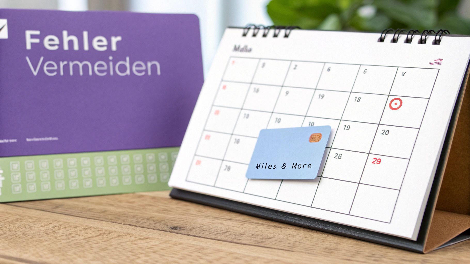 Lila Box „Fehler Vermeiden“, ein Schreibtischkalender mit einer Miles & More Karte und markierten Daten.