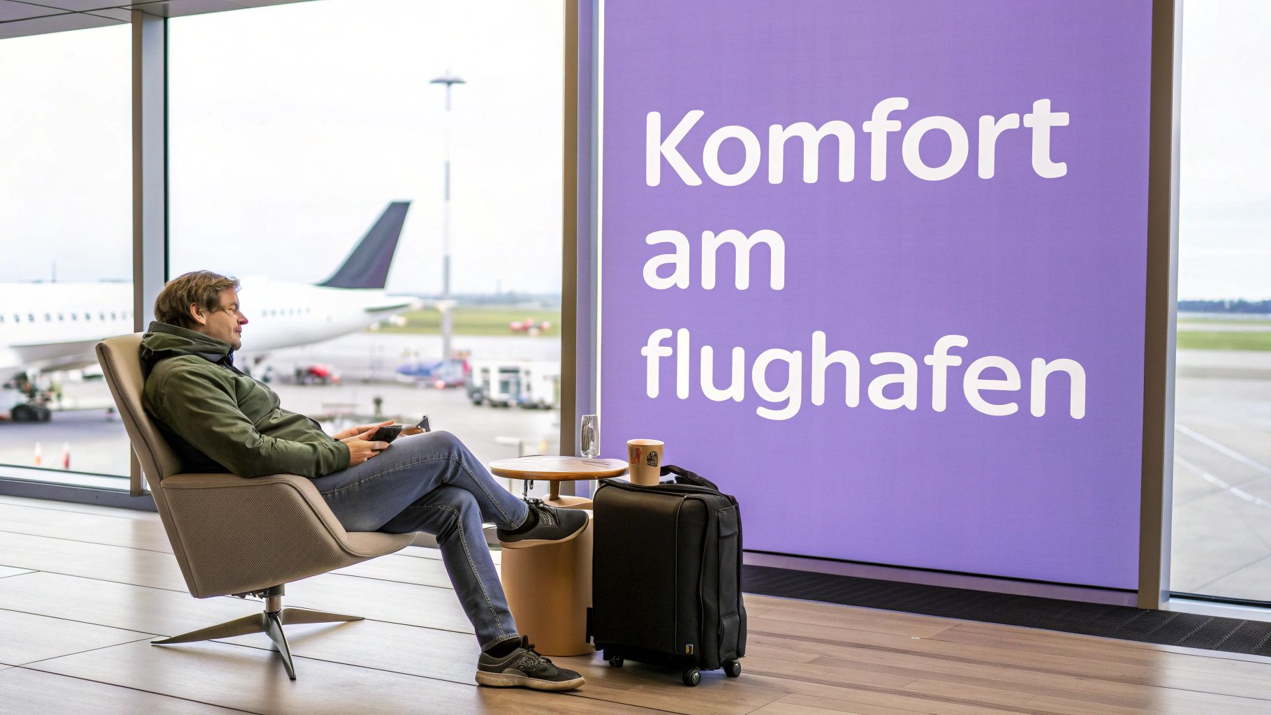 Ein Mann sitzt entspannt in einem Sessel am Flughafenfenster, blickt auf ein Flugzeug, mit Gepäck und Kaffee.