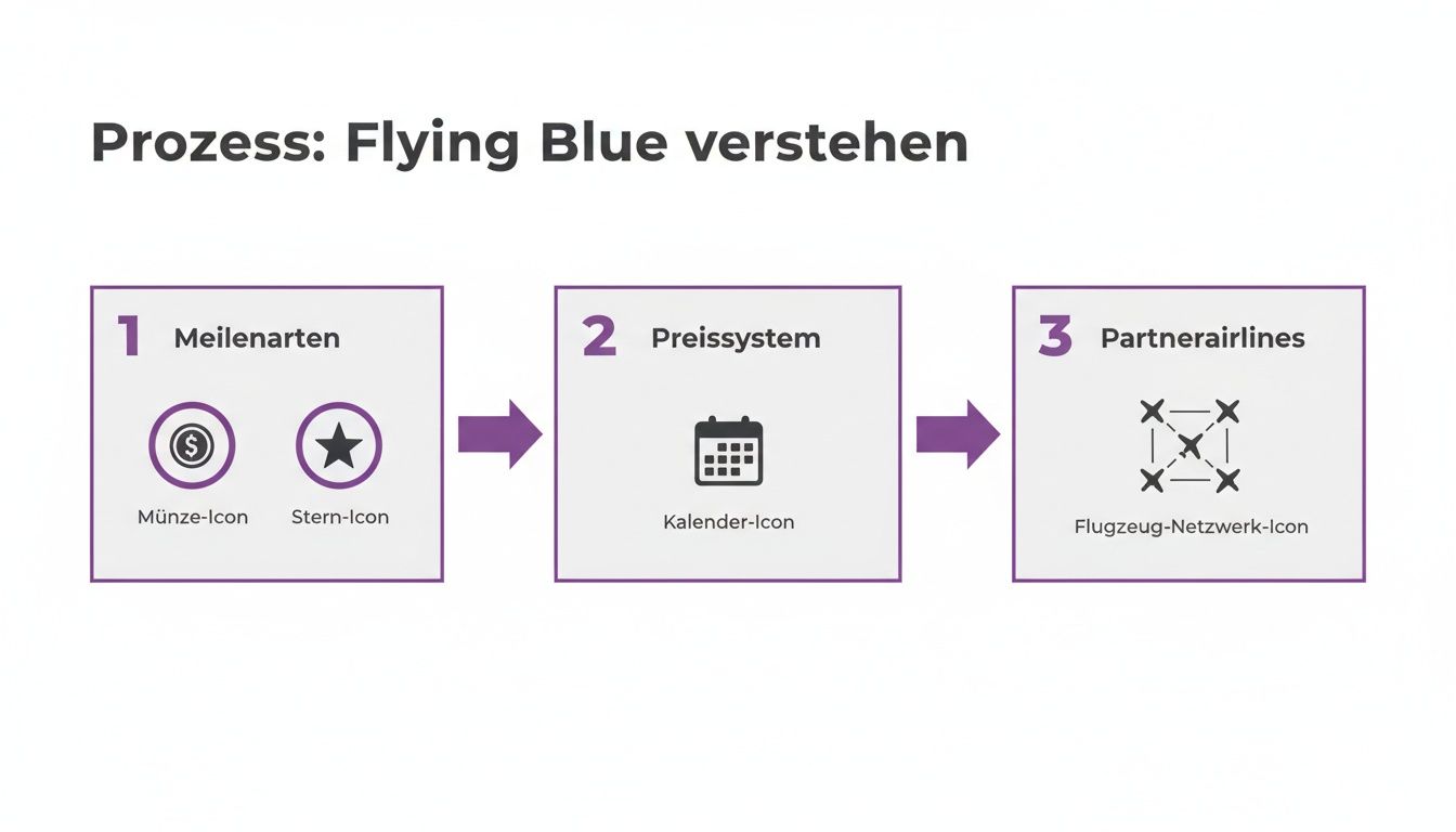 Prozess-Diagramm zur Erklärung von Flying Blue, unterteilt in Meilenarten, Preissystem und Partnerairlines.