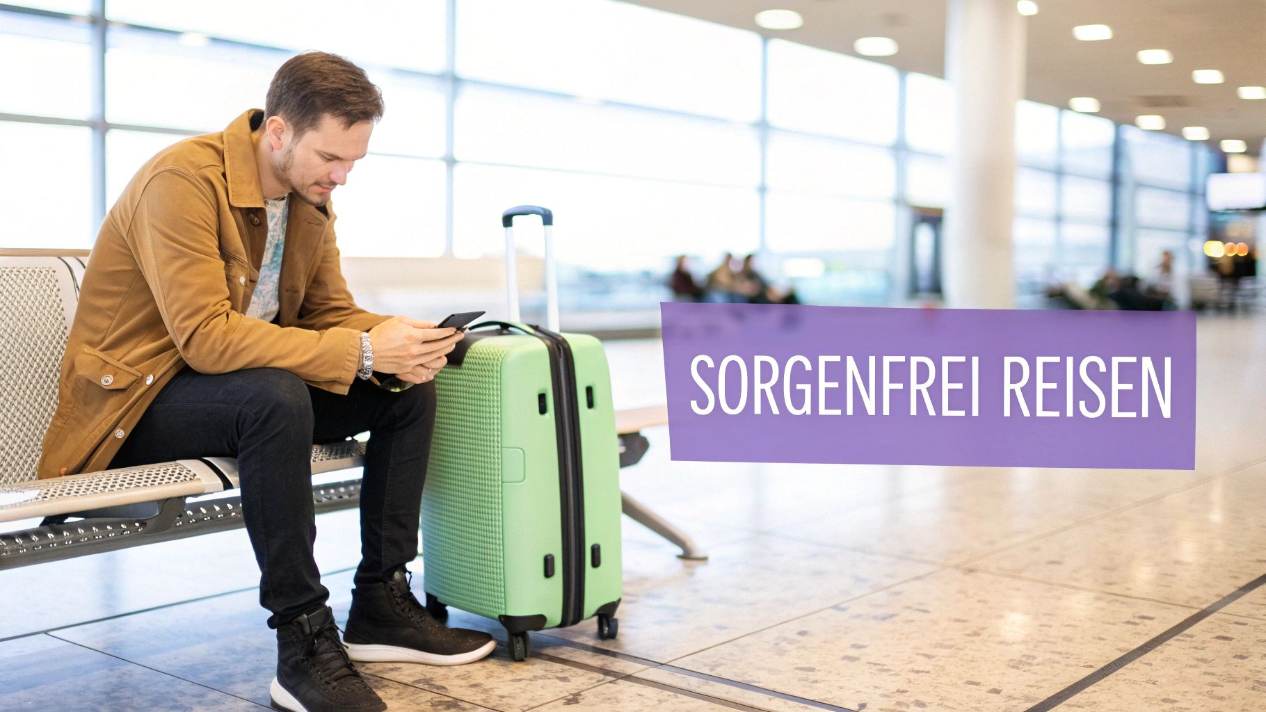 Ein Mann sitzt mit seinem Gepäck am Flughafen und schaut auf sein Handy. Der Text sagt 'Sorgenfrei Reisen'.