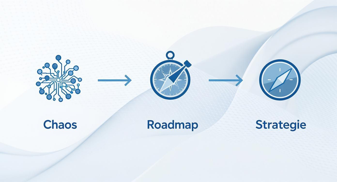Visualisierung des Transformationsprozesses von Chaos über Roadmap zur strategischen Planung mit Kompass-Symbolen